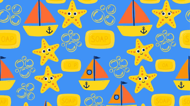 A colorful vector pattern featuring sailboats and starfish on a blue background with yellow objects.