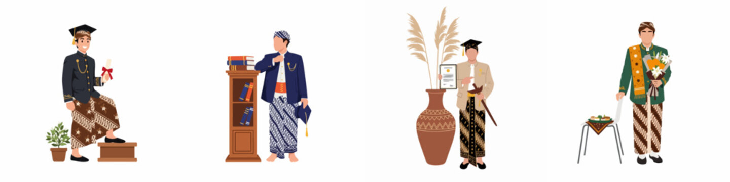 Illustrations of Indonesian men wearing traditional Javanese clothing for graduation and formal events, featuring batik sarongs, beskap jackets, and cultural accessories.