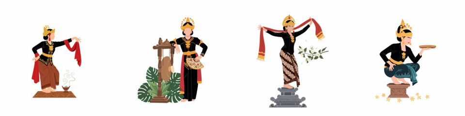 Fototapeta premium Set of four Indonesian traditional dance illustrations featuring female dancers in ethnic costumes with cultural symbols like gongs, fans, and ritual objects.
