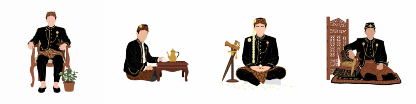 Collection of minimalist flat vector illustrations of a groom in traditional Javanese wedding attire (Beskap) for cultural and matrimonial themes.
