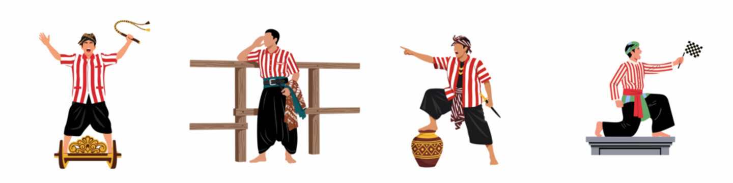 Collection of flat vector illustrations depicting a man in traditional Madurese Sakera attire, featuring cultural elements like Karapan Sapi, bull racing, and local customs.