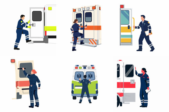Set of flat vector illustrations of paramedics and EMTs performing various duties with ambulance vehicles, ideal for emergency services and medical themes.