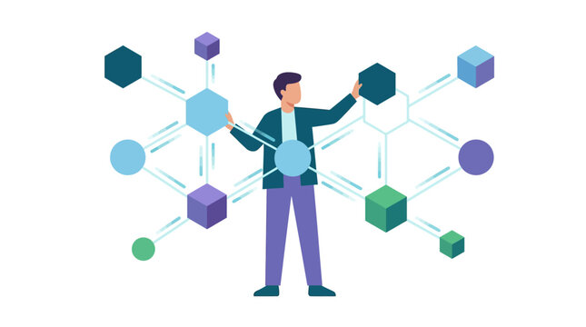 Professional data engineer connecting complex digital network nodes for system architecture flat design vector illustration.