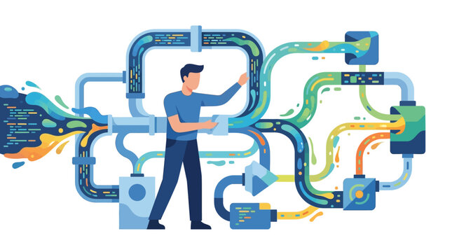 Professional data engineer managing complex digital information flow through network pipelines flat vector illustration.