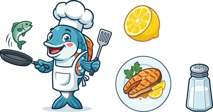 Cute fish chef cartoon character cooking vector set with grilled salmon steak plate fresh lemon half and salt shaker isolated on white background