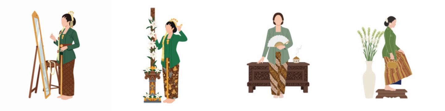 Flat vector illustration set of women wearing traditional Indonesian Javanese kebaya and batik, in various elegant poses with cultural decorative elements.