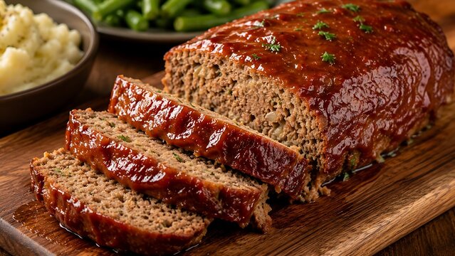 A glossy glazed meatloaf is sliced into thick portions, revealing its tender, juicy interior with a rich, savory flavor and texture.