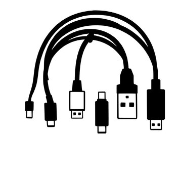 Set of five different types of USB cables arranged in a row, each with distinct connectors at both ends, depicted in a minimalist, flat design style. The cables are shown in black and white, with c...