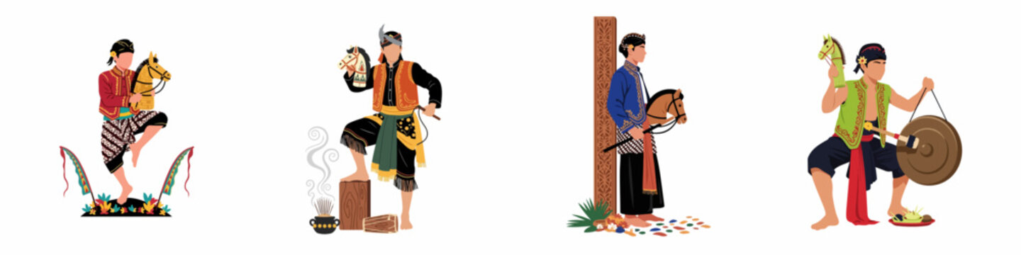 Illustration set of Indonesian Jaranan dancers performing Kuda Lumping dance with cultural elements, instruments, and ritual offerings in flat vector style.