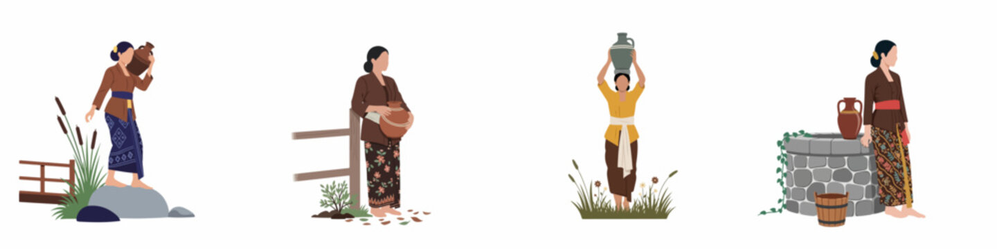 Flat illustration set of Indonesian women in traditional kebaya and batik sarong carrying clay pots in various rural settings.