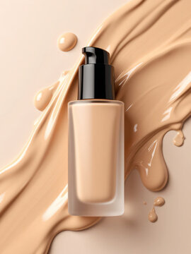 Frosted glass liquid foundation bottle with a black pump on a smooth foundation texture smear background