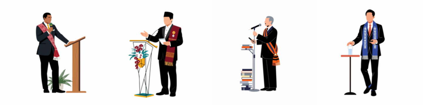 Flat vector illustration set of professional men in formal suits and traditional sashes giving speeches at various podiums during an official ceremony.