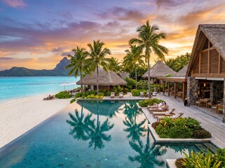 Fototapeta premium Luxury Beach Resort Infinity Pool with Sunset Reflection and Palm Trees