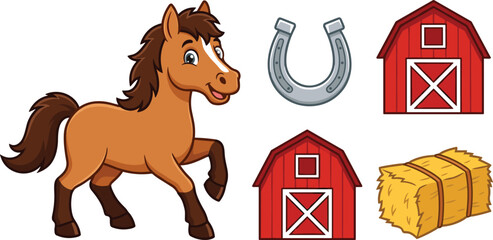 Cute cartoon horse farm elements vector set with happy brown pony silver horseshoe red barns and yellow hay bale isolated on white background © mdnazrul