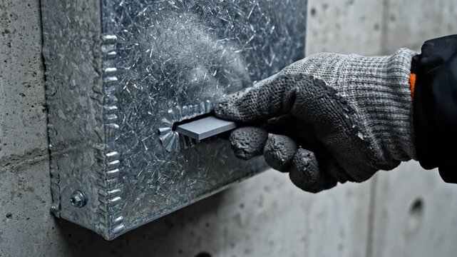 Hand in glove inserts gray card into industrial metal slot on concrete wall
