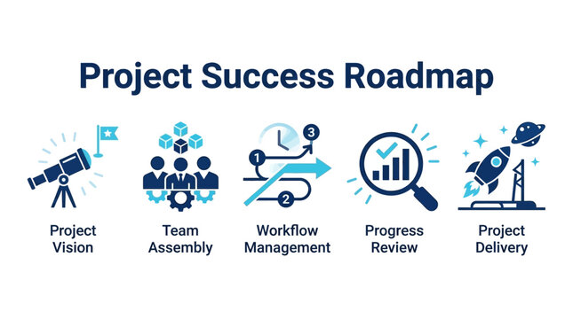 Vector roadmap to success with project vision and team assembly for workflow management