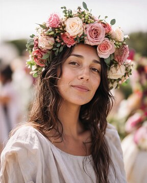 Woman wearing a large floral crown of pink rose at a Rose Festival. Portrait of a happy woman in bohemian style celebrating nature and summer beauty. portrait format