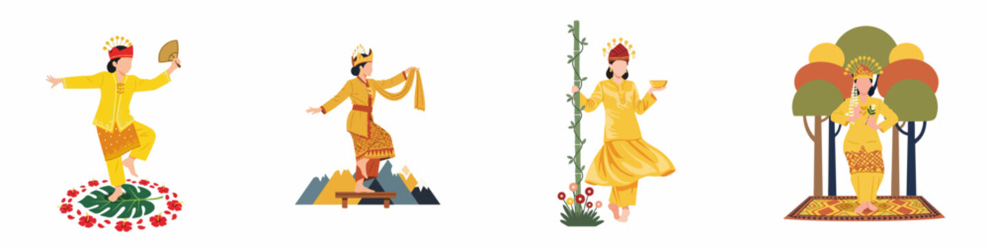 Set of minimalist flat illustrations depicting traditional Indonesian dancers in vibrant yellow costumes performing various cultural rituals, ceremonies, and folk dances.