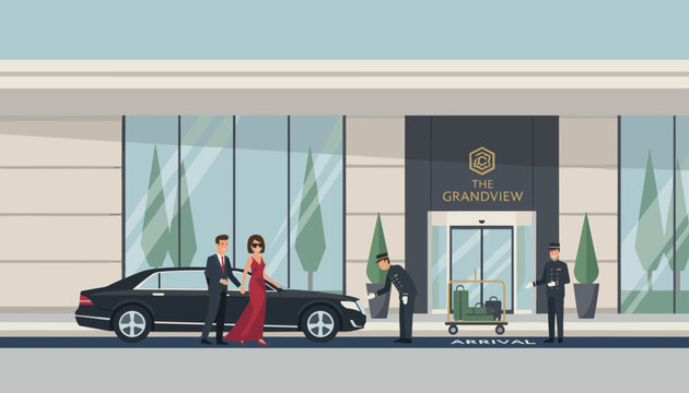 Rich couple arriving in a luxury limousine at the grandview hotel lobby entrance with a doorman and a bellboy.