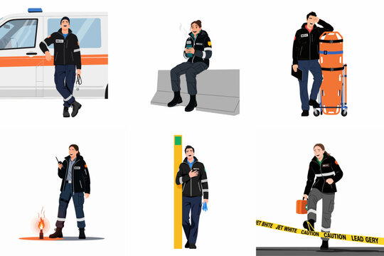 Collection of diverse paramedics and first responders in uniform, featuring medical equipment, ambulance, and emergency response scenes in a flat vector style.