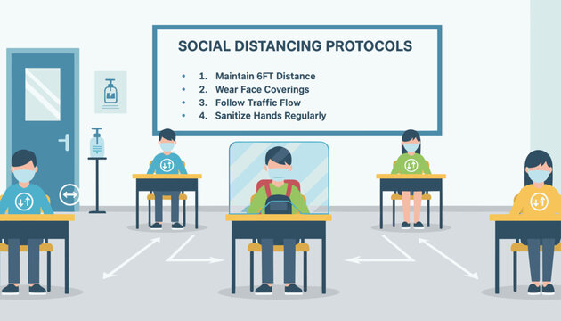 School students wearing protective masks and sitting at social distancing desks in a classroom following safety protocols.
