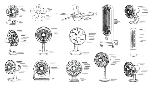 An illustration depicts various electric fans in different styles and designs.