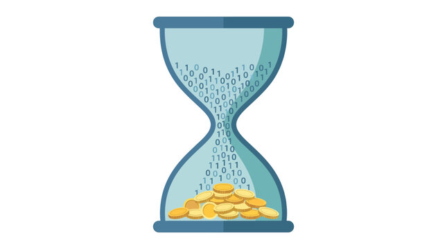 Digital data transforming into gold coins inside a glass hourglass symbol flat design vector illustration
