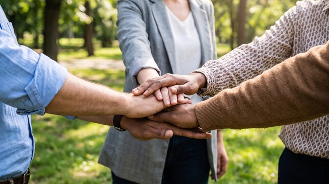 People stack hands in unity outdoors in a park