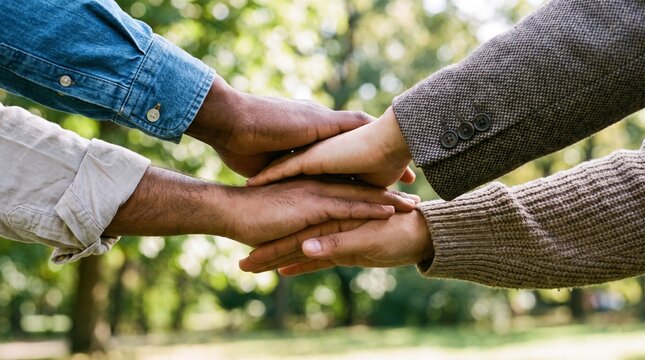 People join hands in a park on a sunny day showing unity and support among diverse individuals.