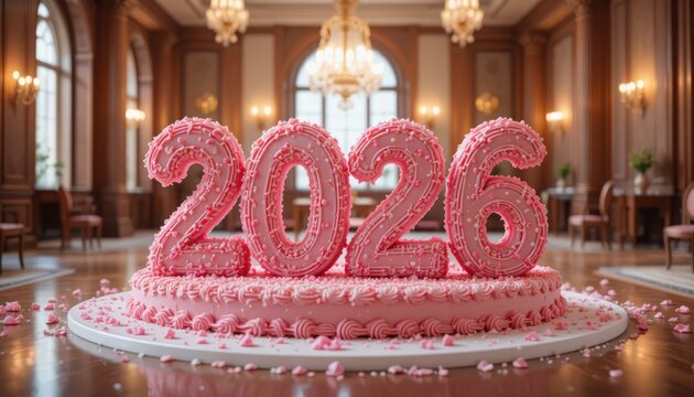 Pink frosted cake displaying the year 2026 with elaborate piping sitting on a wooden floor