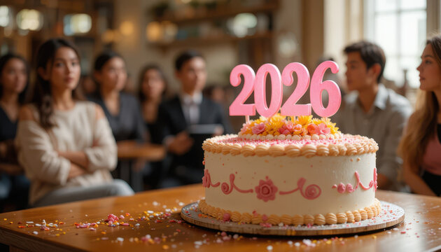 Decorative pink two thousand twenty six cake topper sitting atop a delicious frosted celebration party dessert