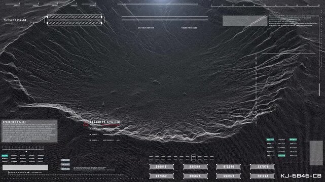 Digital HUD Panel Screen Aerial View Flying Through Mountainous Wireframe Landscape. Sci-Fi Automatic Tracking System, Weapon Scouting UI, and Futuristic Surveillance Monitor Motion Graphic.