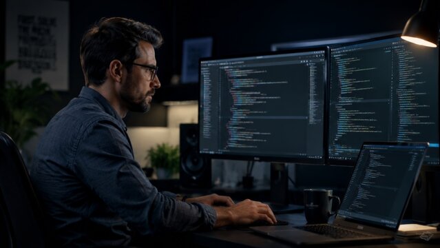 A focused programmer working on software development, typing code on dual computer screens in a dimly lit office environment late at night