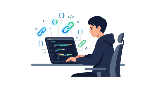 Professional blockchain developer coding smart contracts on laptop with floating digital link icons flat design vector illustration