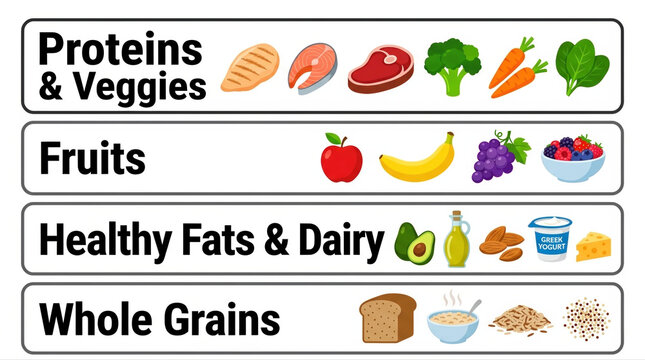 Visual guide to dietary guidelines proteins fruits healthy fats and whole grains for balanced nutrition