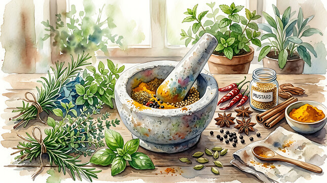 Herbs and spices in mortar on wooden table near window