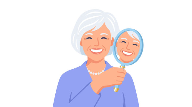Cheerful senior woman looking into hand mirror with radiant smile for aging gracefully beauty concept flat vector illustration.