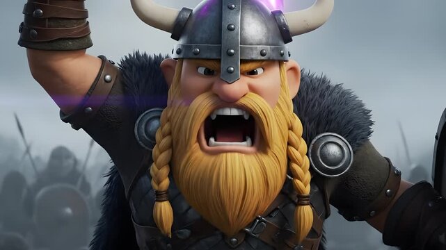 Animated Viking warrior shouting in battle with horned helmet