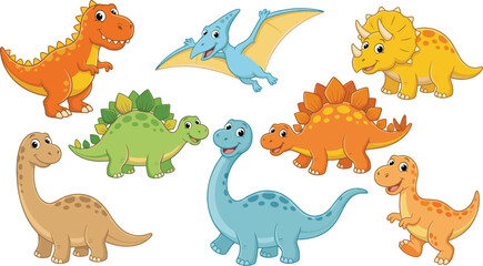 Dinosaur cartoon collection featuring cute prehistoric creatures including tyrannosaurus rex triceratops brachiosaurus stegosaurus and pterodactyl for children graphic sticker designs © HELEN QUEEN