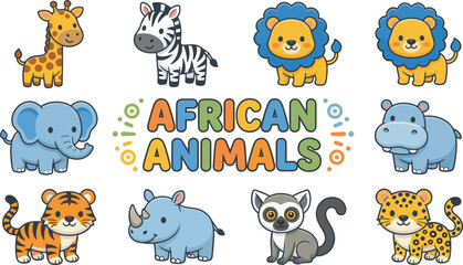 African animals sticker set featuring cute cartoon safari wildlife including lion giraffe elephant zebra tiger rhino cheetah hippo and lemur © HELEN QUEEN