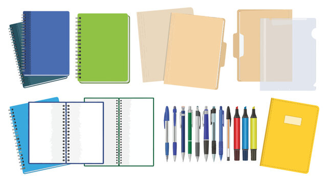 Colorful Stationery Items Including Notebooks Pens and Sticky Notes for Office or School Use.