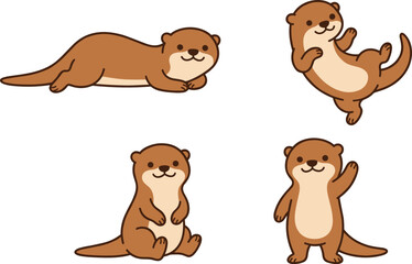 Naklejka premium Otter sticker collection featuring cute brown marine mammals in playful poses swimming standing and waving for children graphic design patterns