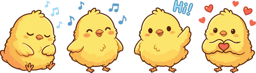 Baby chick emoji set featuring cute yellow cartoon birds sleeping singing waving hi and holding a heart for easter greeting card designs © HELEN QUEEN