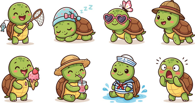 Turtle cartoon character set featuring cute green tortoises sleeping eating ice cream wearing sunglasses and sailor outfits for sticker designs