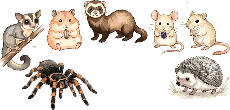 Exotic pets collection featuring a sugar glider hamster ferret mice tarantula spider and hedgehog for specialized veterinary clinic graphic designs