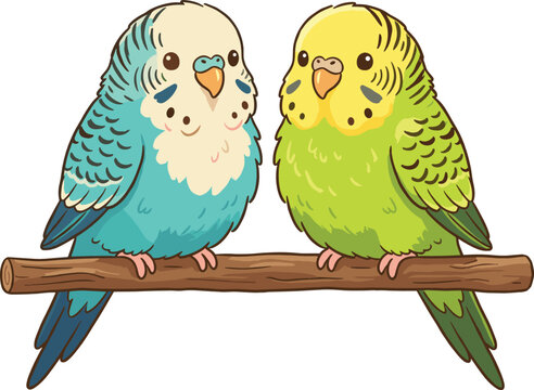 Budgie parrot pair illustration featuring cute blue and green parakeets perched on a wooden branch with hand drawn decorative typography