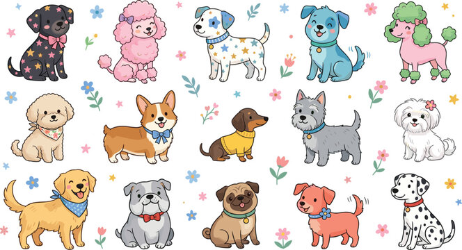Puppy sticker bundle featuring colorful cute dogs in varied poses dressed with accessories and flowers for childish patterns and product branding