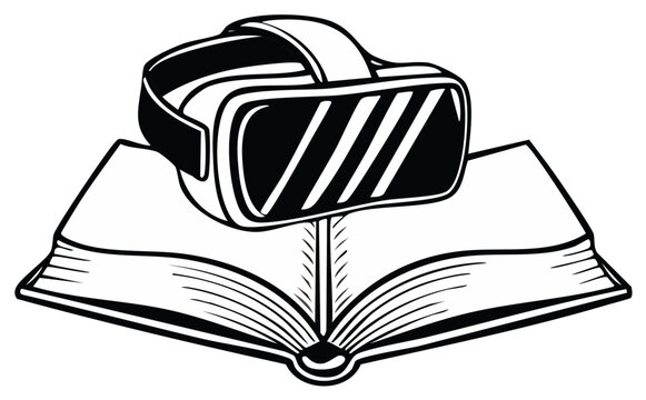 Virtual reality headset resting on open book symbolizing immersive learning and digital education exploration