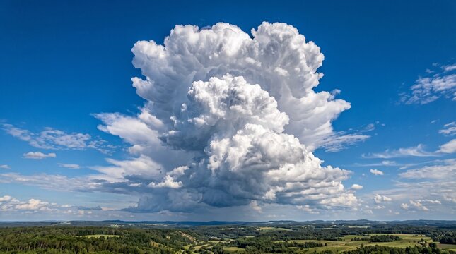 Cumulonimbus cloud towers over a lush green countryside as a summer rainstorm begins to develop.