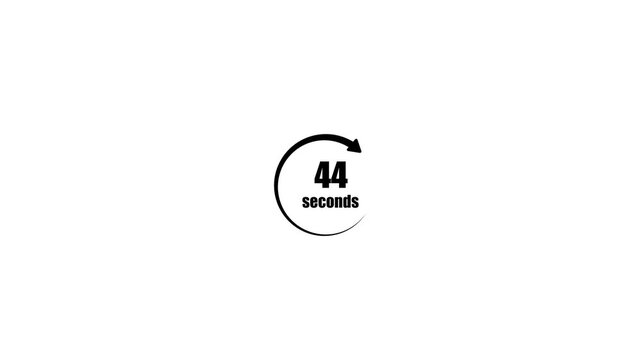 Black circular arrow loading icon with 44 seconds timer text, continuous countdown or refresh loop symbol for web and app user interface, motion graphic isolated on white background.